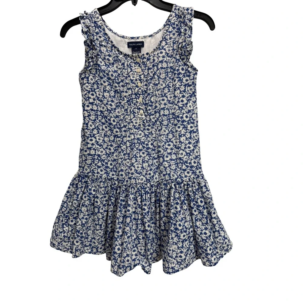 Ralph Lauren Floral Ditsy Dress Blue Ruffle Drop Waist Cute School Event Size 8